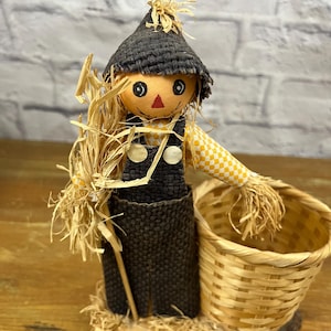 Vintage Scarecrow Planter Add Dried Flowers or Hay to the basket Halloween Fall Decor