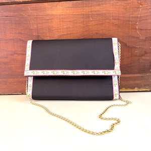 Vintage Black La Regale pink flower ribbon trimmed purse Black satin texture evening bag
