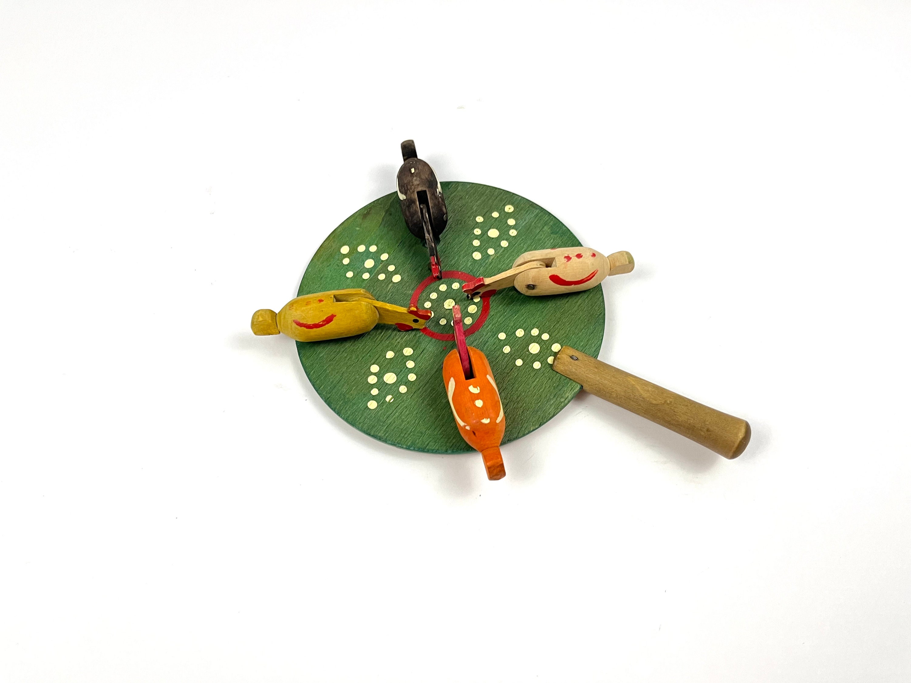 Vintage Wood Chickens Pecking Paddle Toy Hens Eating Seeds