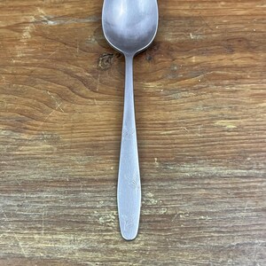 May include: A stainless steel spoon with a long handle and an oval bowl. The handle features a decorative etched design. The spoon is set against a wooden background.