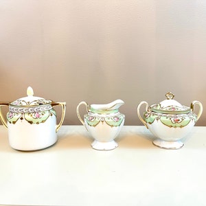 Shabby Chic Cream & Sugar Hand painted Nipon Pink, Mint Green and Gold with Pink Roses Tea Party Garden party set of 3