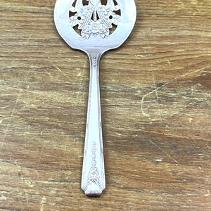 May include: A silver-colored pie server with a decorative floral design on the serving surface. The handle is long and slender, with embossed floral and leaf patterns. The server is made of metal and is set against a wooden background.