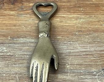 Vintage Brass Heart and Hand Bottle Opener Victorian Style Breweriana Collectible Barware