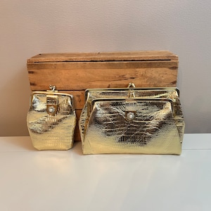 Gold Metallic 90s purse with matching cigarette case faux pearl embellishments Peggy Bundy style purse set