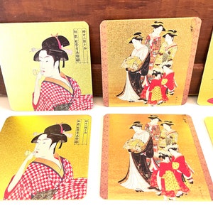 Vintage Ukiyoe Japanese Coaster Set of 8 Geisha Girl Gold Coasters Classic Japanese Fine Art