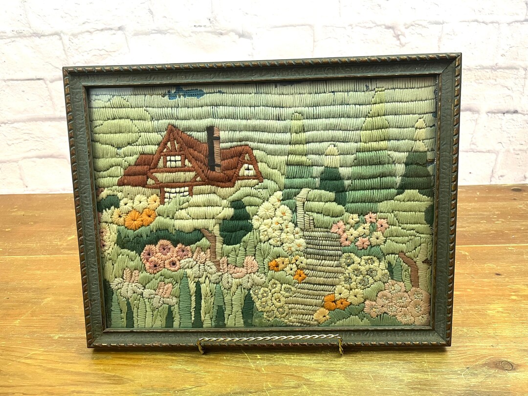 Vintage Crewel Needlework Art in Frame English Cottage Flowery Garden