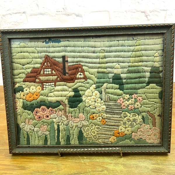 Vintage Crewel Needlework Art in Frame English Cottage Flowery Garden Countryside Scene