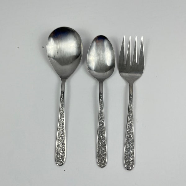 Vintage Stainless Trio Serving Pieces Large spoon Serving Fork and Serving Spoon Floral Garden Daisy themed Entertaining IFC Stainless Japan