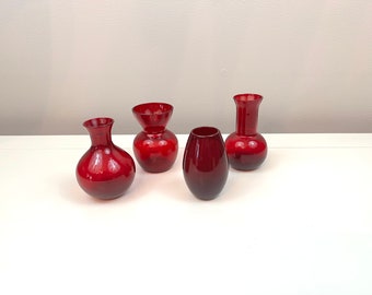 Vintage Set of 4 Mini Ruby Red vases 3 inch tall vases Sweet little window sill vases to brighten your day!