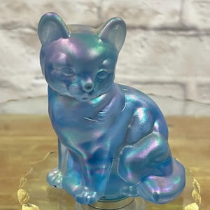 Vintage Fenton Blau irisierende Katze Figurine Kunst Glas gestempelt Geschenk für Katzenliebhaber