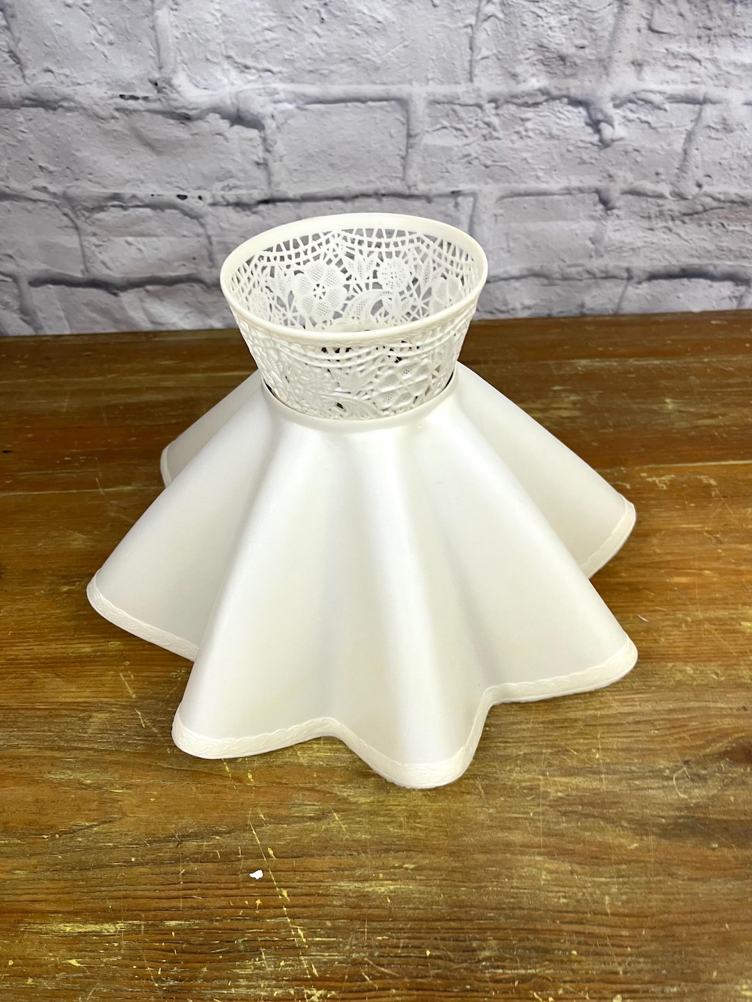 Mid Century Plastic White Lamp Shade Over the Bulb Lacy Top Shade