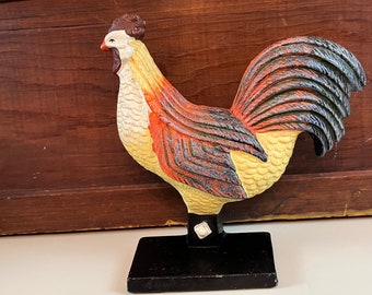 Vintage Cast Iron Rooster Door stop Yellow Orange Black & White Rooster Farmhouse decor perfect for letting fresh air in