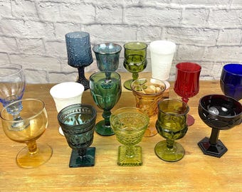 Vintage Mix and Match Pedestal Wine Glasses Rainbow Glassware MCM water goblets Festive Mixed Drinks Glassware Build a set