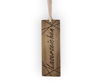 Funny bookmark LASER made of walnut wood and organic cotton satin ribbon, 15 x 5 cm in size, 3 mm thick, Sustainable bookmark "Laser sign" Pun