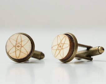 Cuff Links ATOM made of bronce colored metal and wood with engraved atom