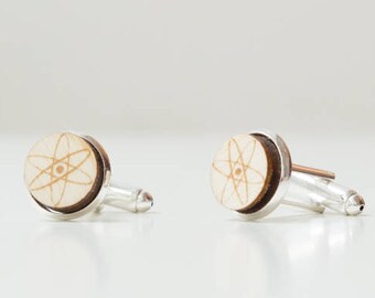 Cuff Links ATOM made of silver colored metal and wood with engraved atom