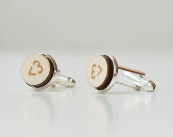 Cuff Links KL3 made of silver colored metal and wood with engraved design