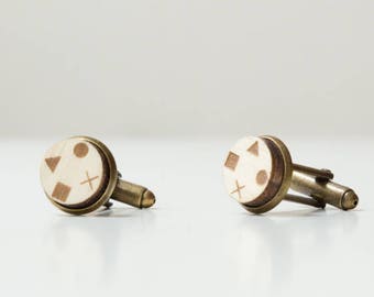 Cuff Links CONTROL made of bronce colored metal and wood with engraved design