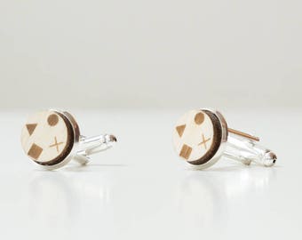 Cuff Links CONTROL made of silver colored metal and wood with engraved design