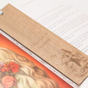 Alice in Wonderland Bookmark ALICE with quote &quot;Begin at the beginning!&quot;, Nut wood and blue organic cotton satin ribbon