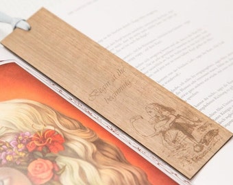 Alice in Wonderland Bookmark ALICE with quote "Begin at the beginning!", Nut wood and blue organic cotton satin ribbon