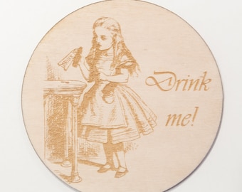 Coaster ALICE in Wonderland, poplar plywood 10 cm with quote "Drink me!" Original drawing of the children's book classic, 4 mm beer mat