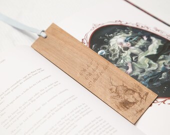 Alice in Wonderland Bookmark RABBIT with quote "Oh dear! Oh dear! I shall be late!", Nut wood and blue organic cotton satin ribbon