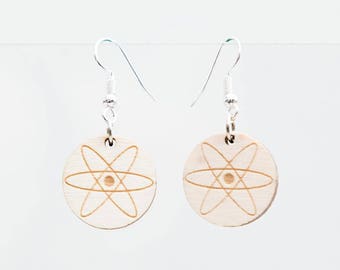 Earrings ATOM made of wood with engraved atom