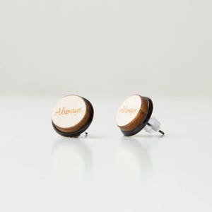 Ear Studs ALWAYS,black metal and wood, &quot;Always.&quot; engraved.
