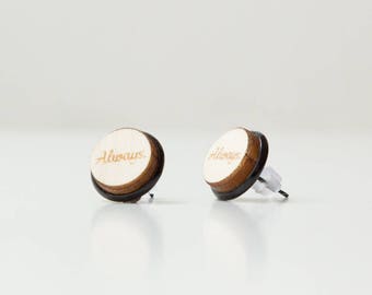 Ear Studs ALWAYS,black metal and wood, "Always." engraved.