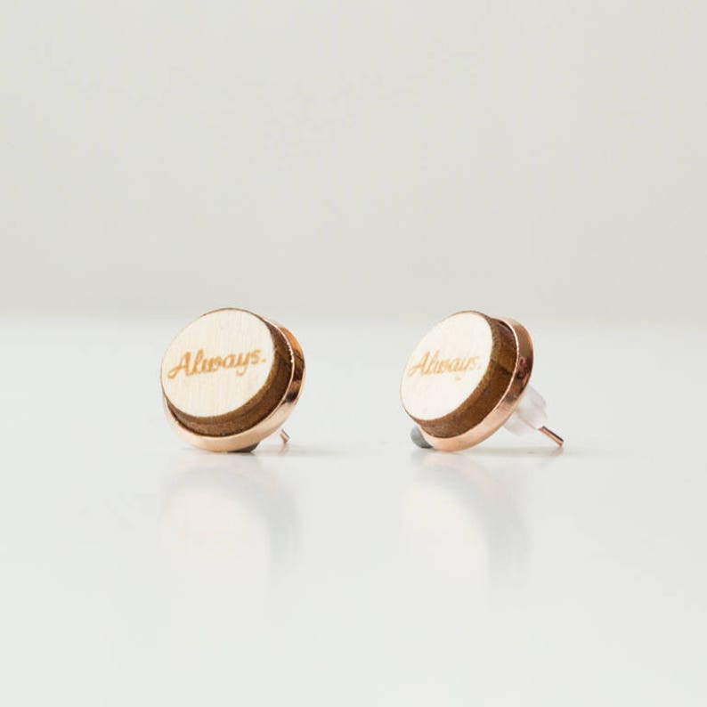 Ear Studs ALWAYS made of rosegold colored metal and wood with Always. engraved. image 1