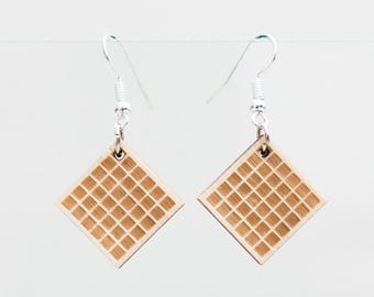 wooden earrings WAFFLE, lasercut in the shape of a Waffle, food jewelry inspired by eleven of the netflix series stranger things