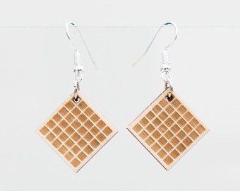 wooden earrings WAFFLE, lasercut in the shape of a Waffle, food jewelry inspired by eleven of the netflix series stranger things