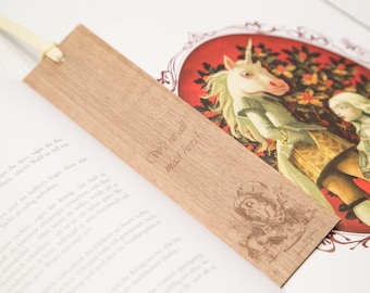 Alice in Wonderland Bookmark MAD HATTER with quote "We're all mad here!", Nut wood and yellow organic cotton satin ribbon