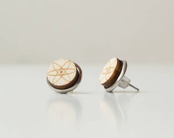 Ear Studs ATOM made of stainless steel and wood with an atom graphic engraved.