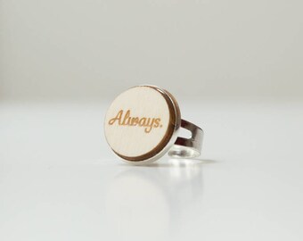 Ring ALWAYS with engraved "Always." made of wood and silver colored metal, adjustable.