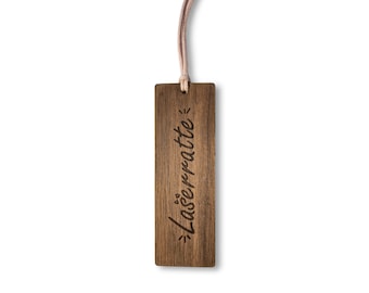 Funny bookmark LASERRATTE made of walnut wood and organic cotton satin ribbon, 15 x 5 cm in size, 3 mm thick, Sustainable bookmark "Laserratte" Pun