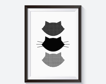 Póster de gato, patrón gatos, impresión de gatos, ilustración de gato, blanco y negro, impresión de gato negro, regalos de gato, decoración del hogar del gato, impresión de ilustración, gato