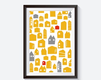 Yellow house print, cute houses print, architecture print, nursery prints, babys room decor, house wall art, home prints, yellow brick, home