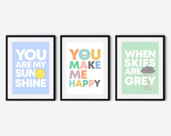 Set of prints, you are my sunshine, set of 3 nursery prints, rainbow rain set, song lyric print, sun nursery print, set of three, playroom