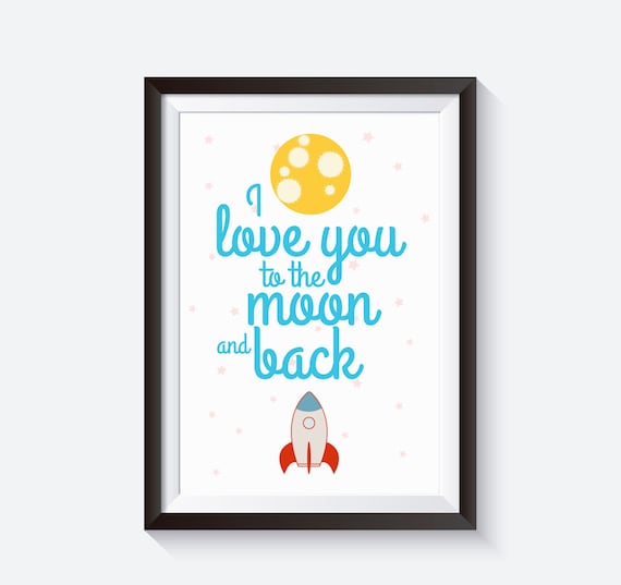 Nursery art print, kids room poster print, children art print, rocket illustration, moon illustration print, I love you to the moon and back