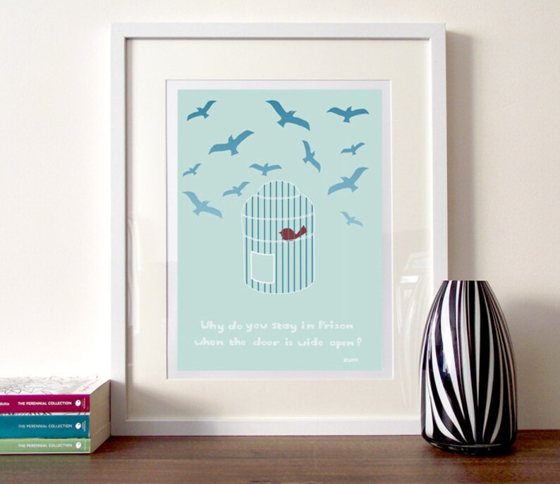 Rumi quote, Illustration quote print, illustrated quote, birds illustration, bird cage print, Rumi art, typography print, literary quote image 2