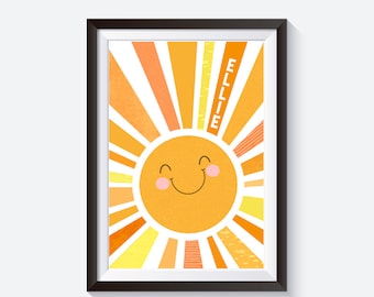 Sun nursery print, sun ray print, cute sun poster, nursery prints, personalised nursery, bedroom decor, smiling sun print, happy sun, kids