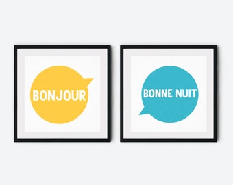 French nursery print, set of 2, nursery print set, kids room decor, nursery wall art, french prints, bonjour quote print, french quote print