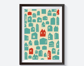 Lindo grabado de casa, impresión de viaje, grabados de guardería, impresiones de arquitectura, casa arco iris, decoración de paredes de edificios, impresiones de carteles, ilustración de casas