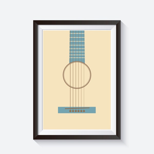 Music poster print, guitar print, minimalist music guitar poster, music art print, teal and cream print