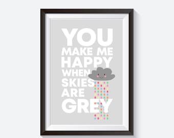 You make me happy when skies are grey, cute cloud print, rainbow raindrop prints, cloud print, baby boy nursery art, nursery prints, cute