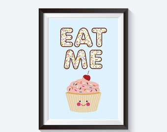 Illustration de cupcake, citation d’art de cuisine, cupcake mignon, décor de cuisine, illustration de gâteau, impression de cupcake, affiche de gâteau Mangez-moi, Mordez-moi