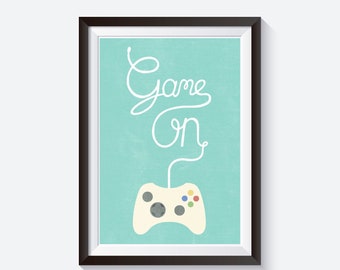 Video game print, game on, pink gaming print, gaming illustration, gaming home decor, nursery game print, gaming dorm print, game art print