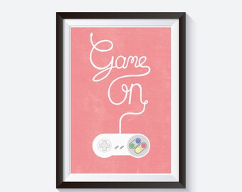 Video game print, game on, gaming quotes, video game art, game room prints, gaming illustration, game controllers, game art, nursery prints